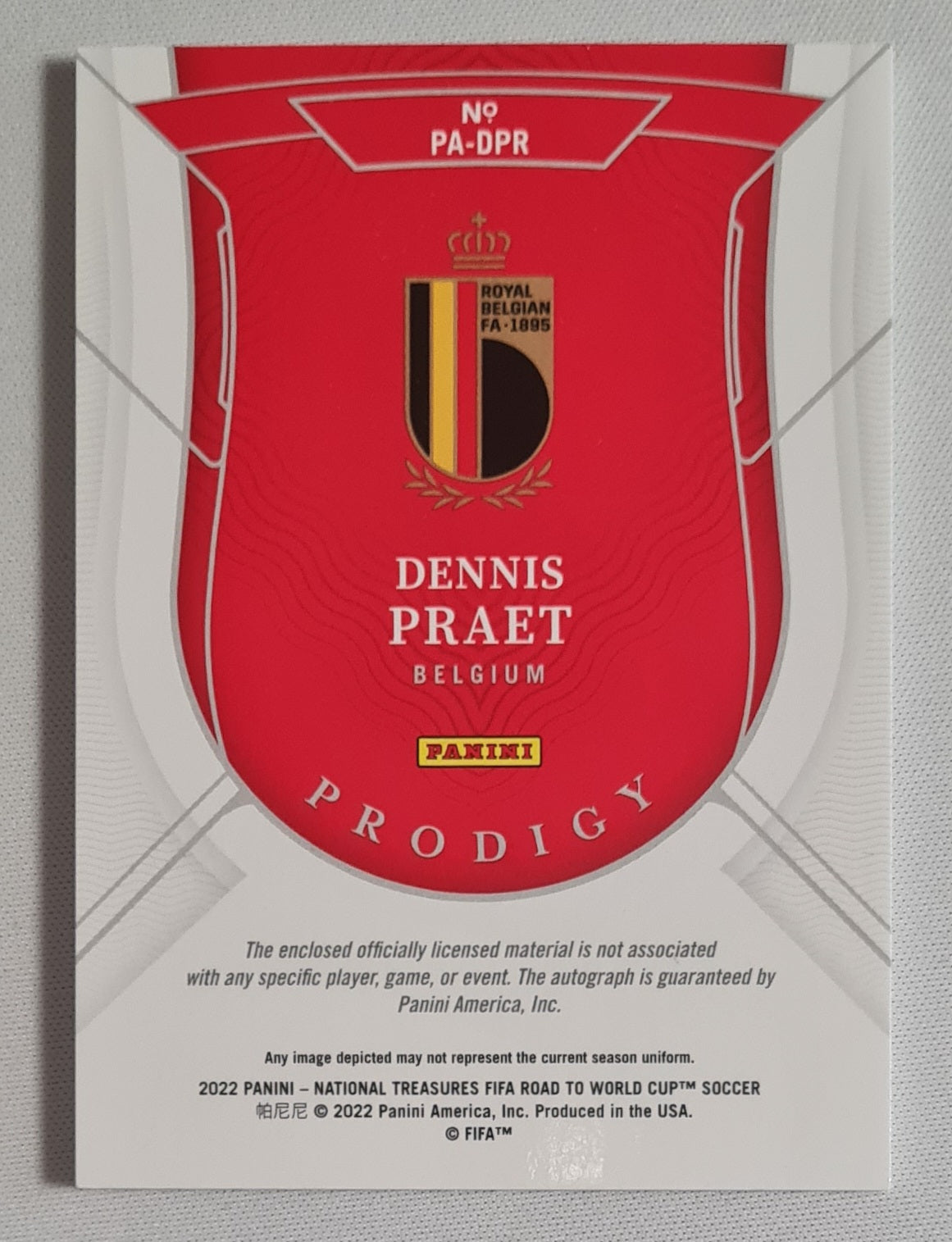 Dennis Praet - 2022 Panini National Treasures FIFA Road to the World Cup Soccer PRODIGY National Team Belgium #PA-DPR /Patch /49 /Auto