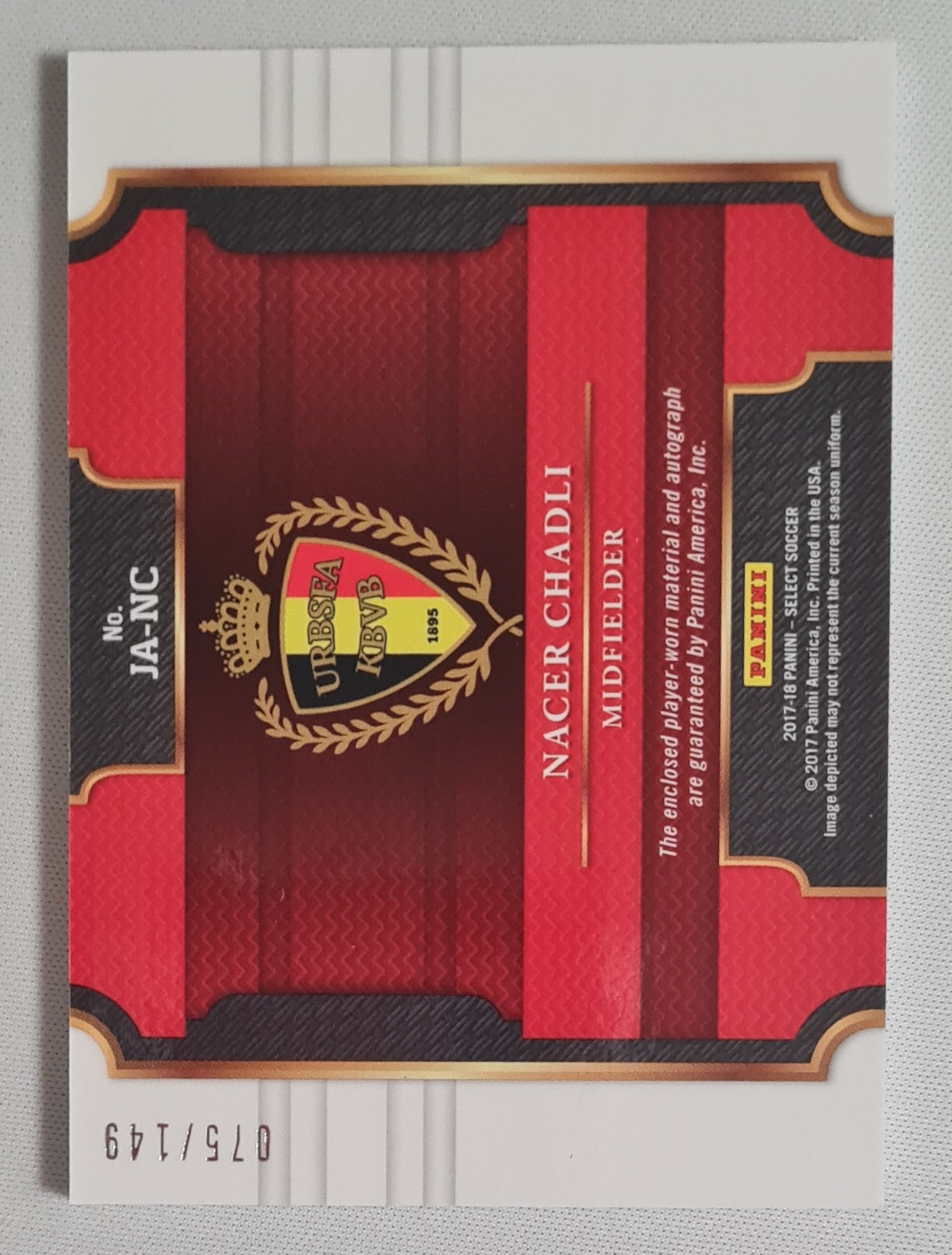 Nacer Chadli - 2017/18 Panini Select Soccer National Team Belgium #JA-NC / Patch /149 / Auto