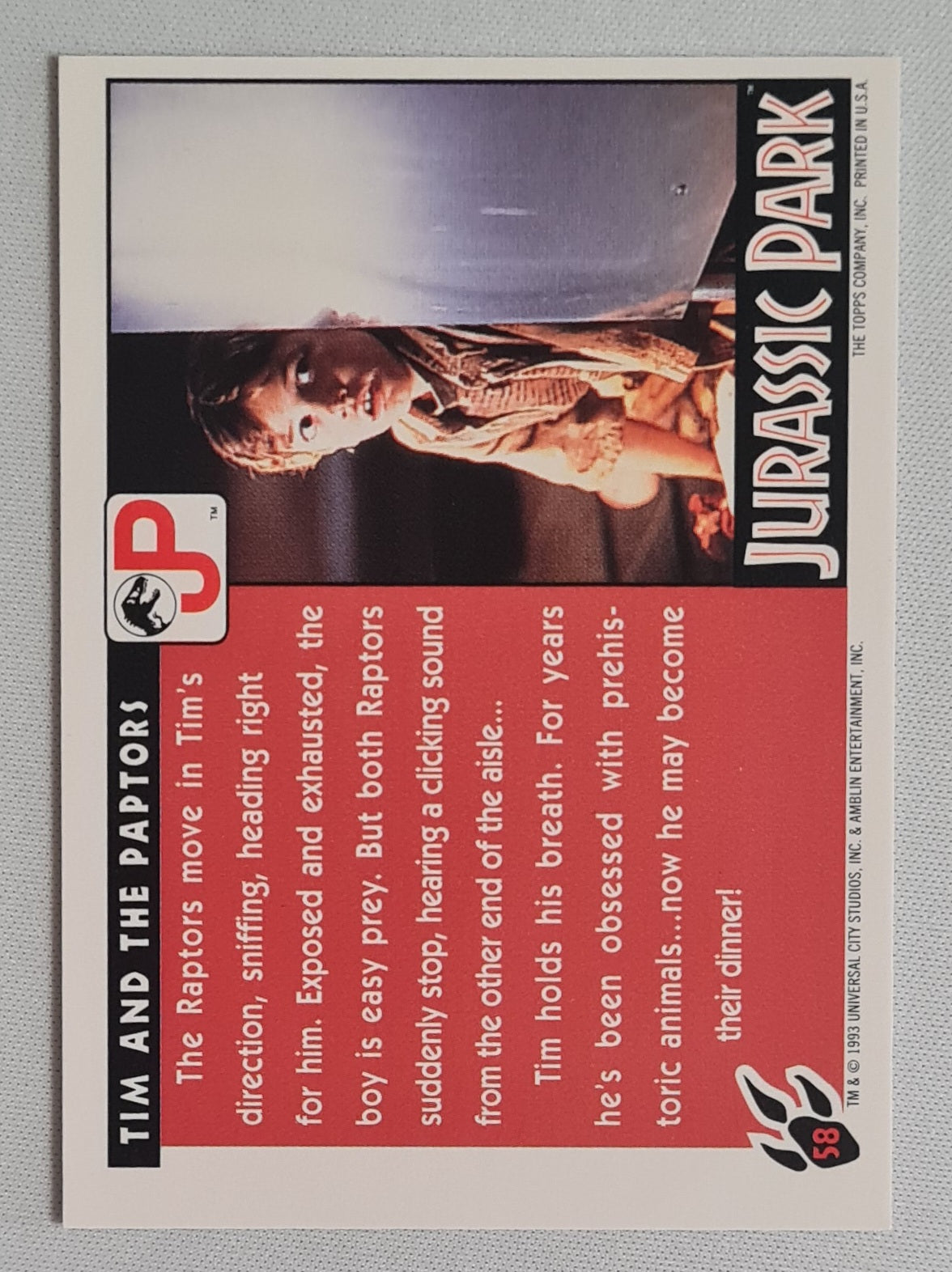 Jurassic Park - 1993 Topps Universal City Studios -Tim and the Paptors - #58