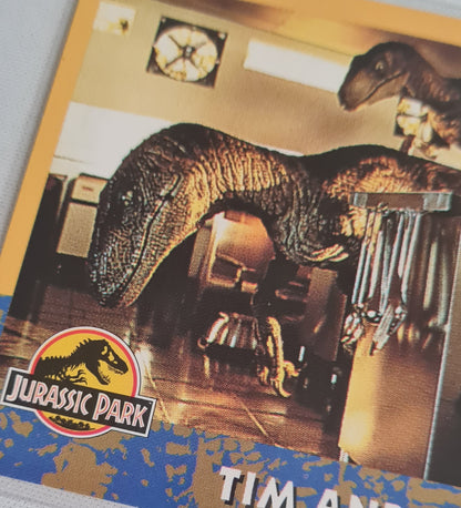Jurassic Park - 1993 Topps Universal City Studios -Tim and the Paptors - #58