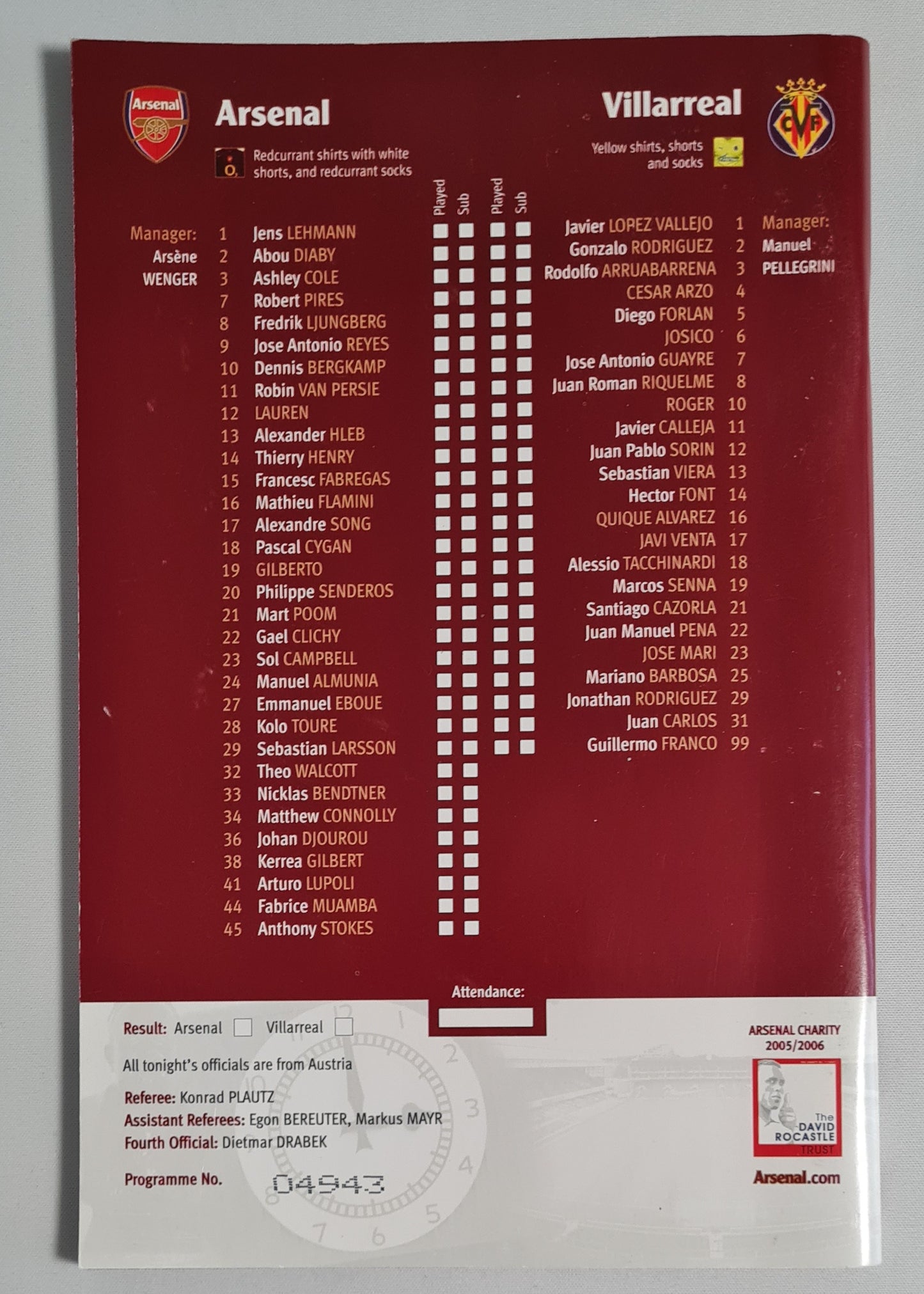 Arsenal Program - 2006 Official Programme Wednesday, April 19 Champions League vs Villarreal