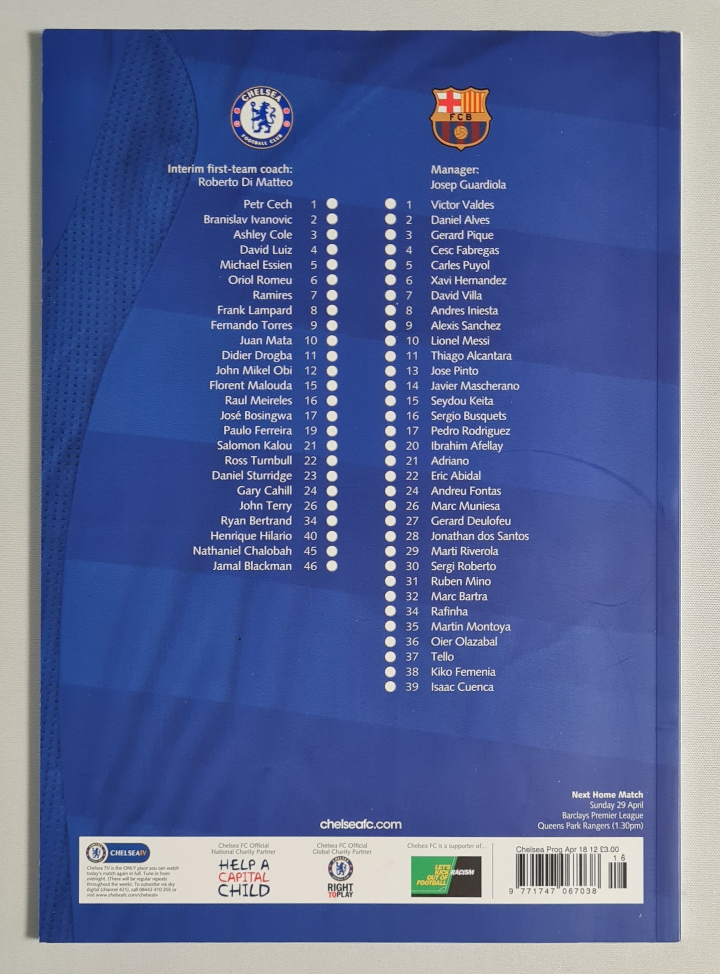 Chelsea FC Official Programme - 2012 UEFA Champions League vs FC Barcelona (Semi Final - 1st Leg)