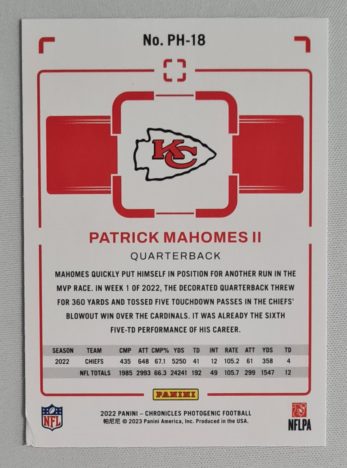 Patrick Mahomes II - 2022 Panini Chronicles Photogenic Football NFL Kansas City Chiefs #PH-18