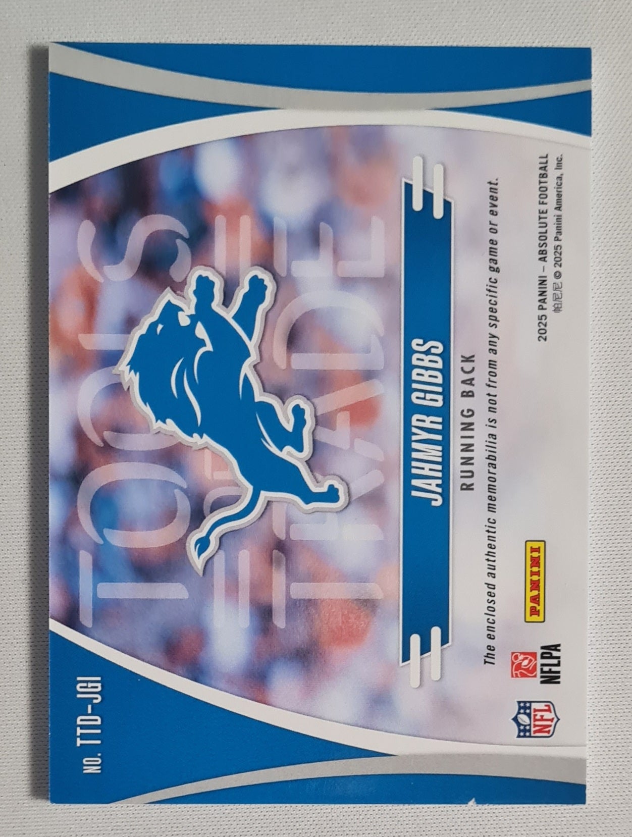 Jahmyr Gibbs - 2025 Panini Absolute Football NFL Detroit Lions #TTD-JGI /Patch /249
