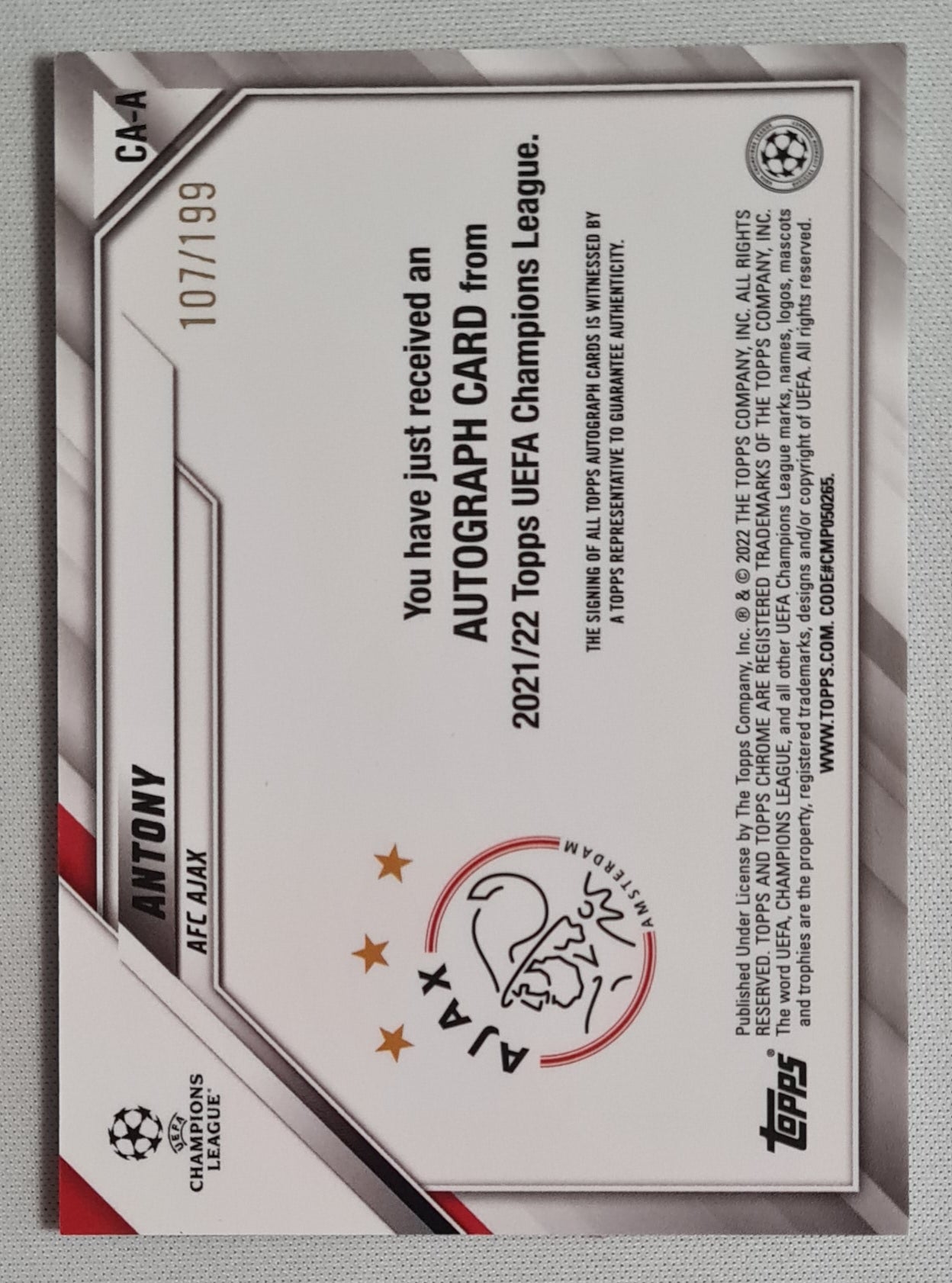 Anthony - 2022 Topps Chrome AFC Ajax (EL) #CA-A /199 / Autograph