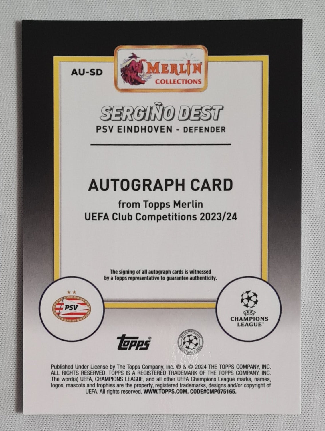 Sergino Dest - 2024 Topps Merlin Collections PSV Eindhoven #AU-SD /99 / Autograph