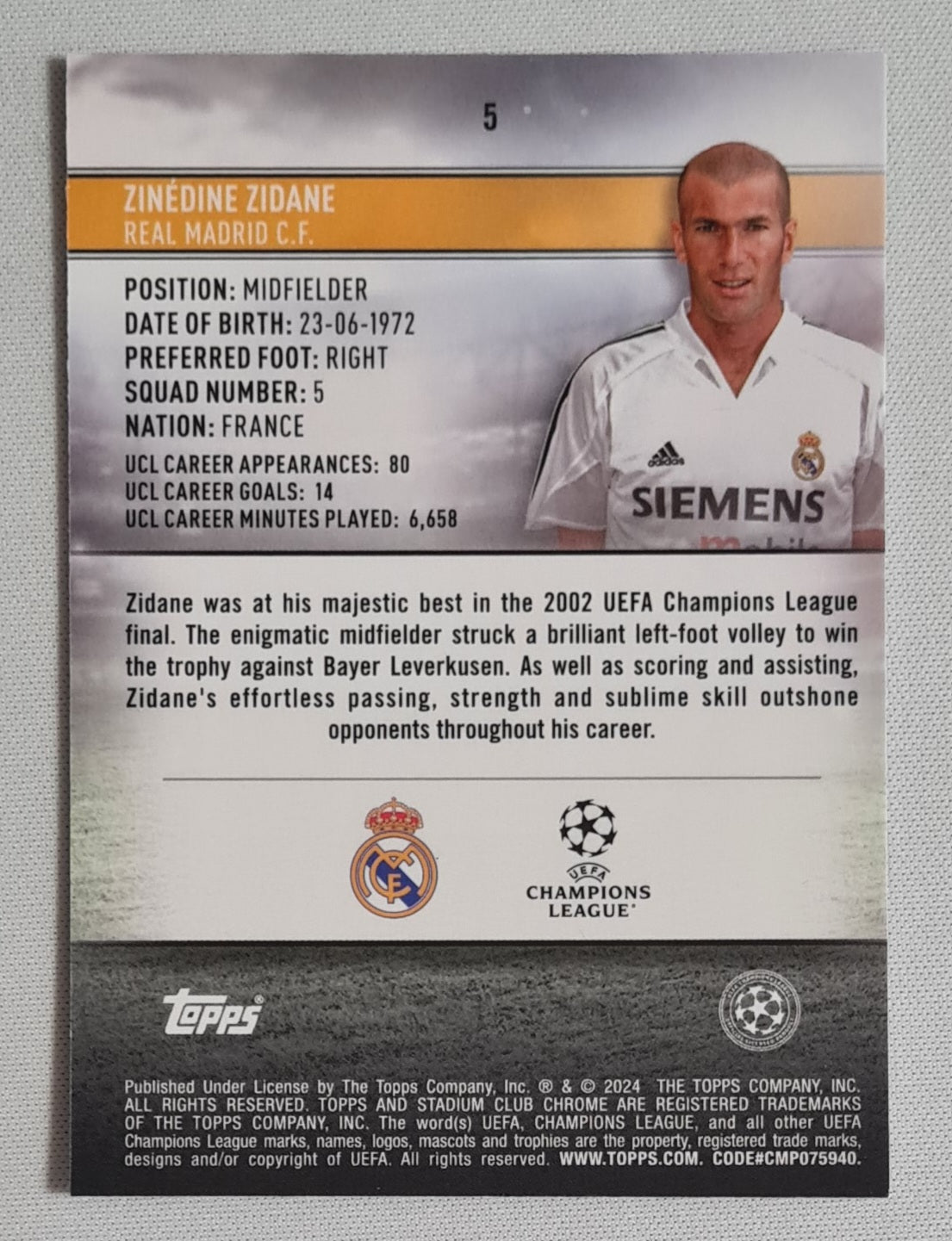 Zinedine Zidane - 2024 Topps Stadium Chrome Real Madrid C.F. (CL) #5 /199 Green Refractor