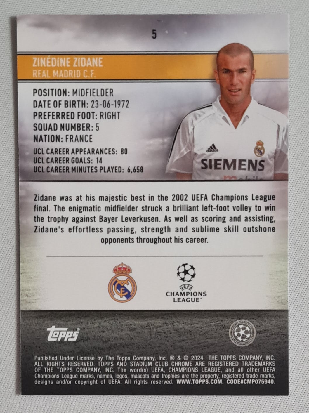 Zinedine Zidane - 2024 Topps Stadium Chrome Real Madrid C.F. (CL) #5