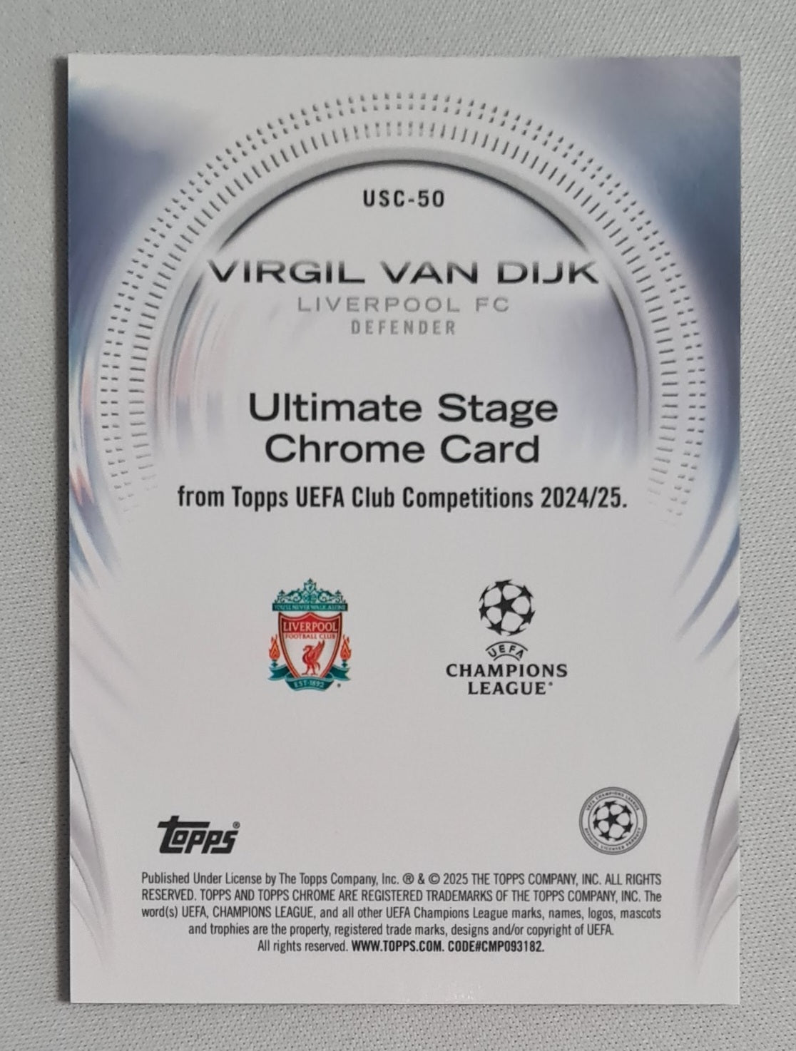 Virgil van Dijk - 2025 Topps Chrome Ultimate Stage Chrome Card Liverpool FC #USC-50 /199 Disco Refractor