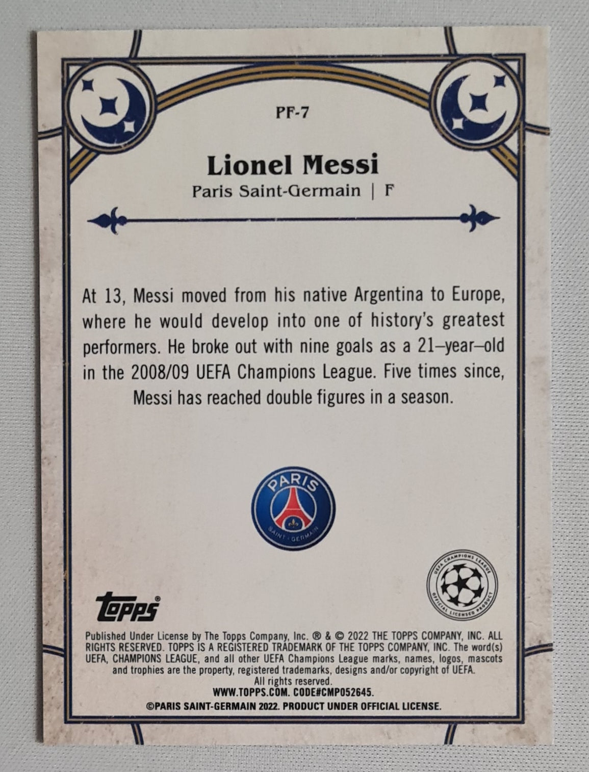 Lionel Messi - 2022 Topps Merlin Prophegy Fulfilled Paris Saint-Germain (CL) PF-7