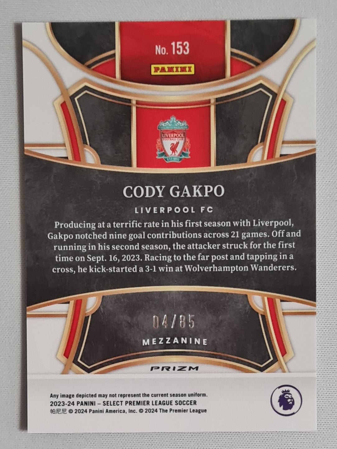 Cody Gakpo - 2023/24 Panini Select Premier League Soccer #153 Mezzanine Prizm White Cracked Ice /85
