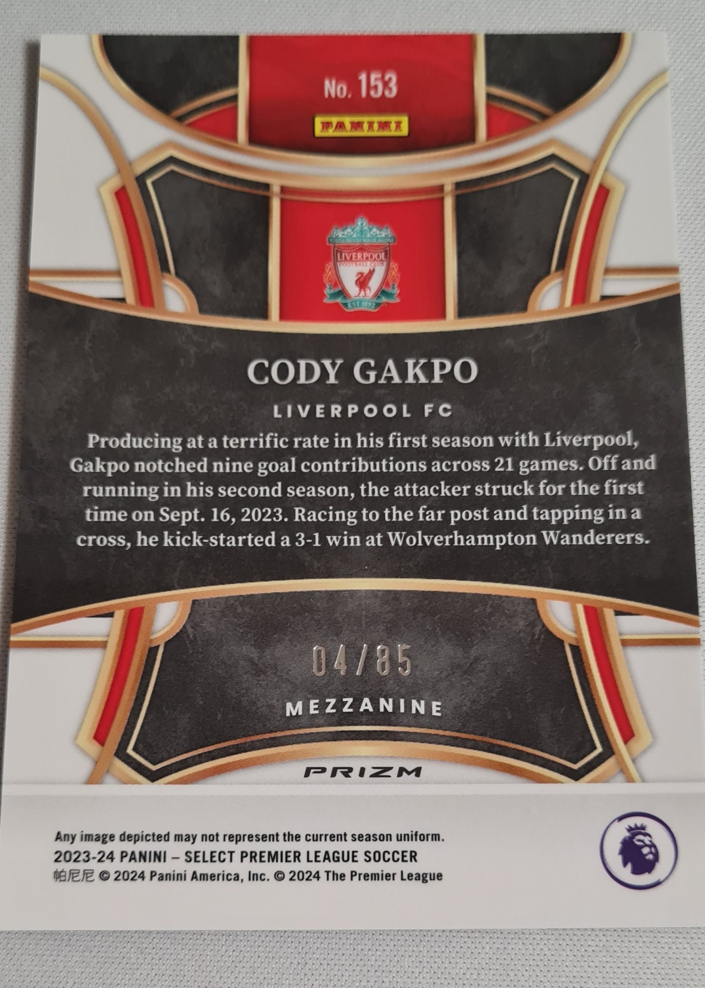 Cody Gakpo - 2023/24 Panini Select Premier League Soccer #153 Mezzanine Prizm White Cracked Ice /85