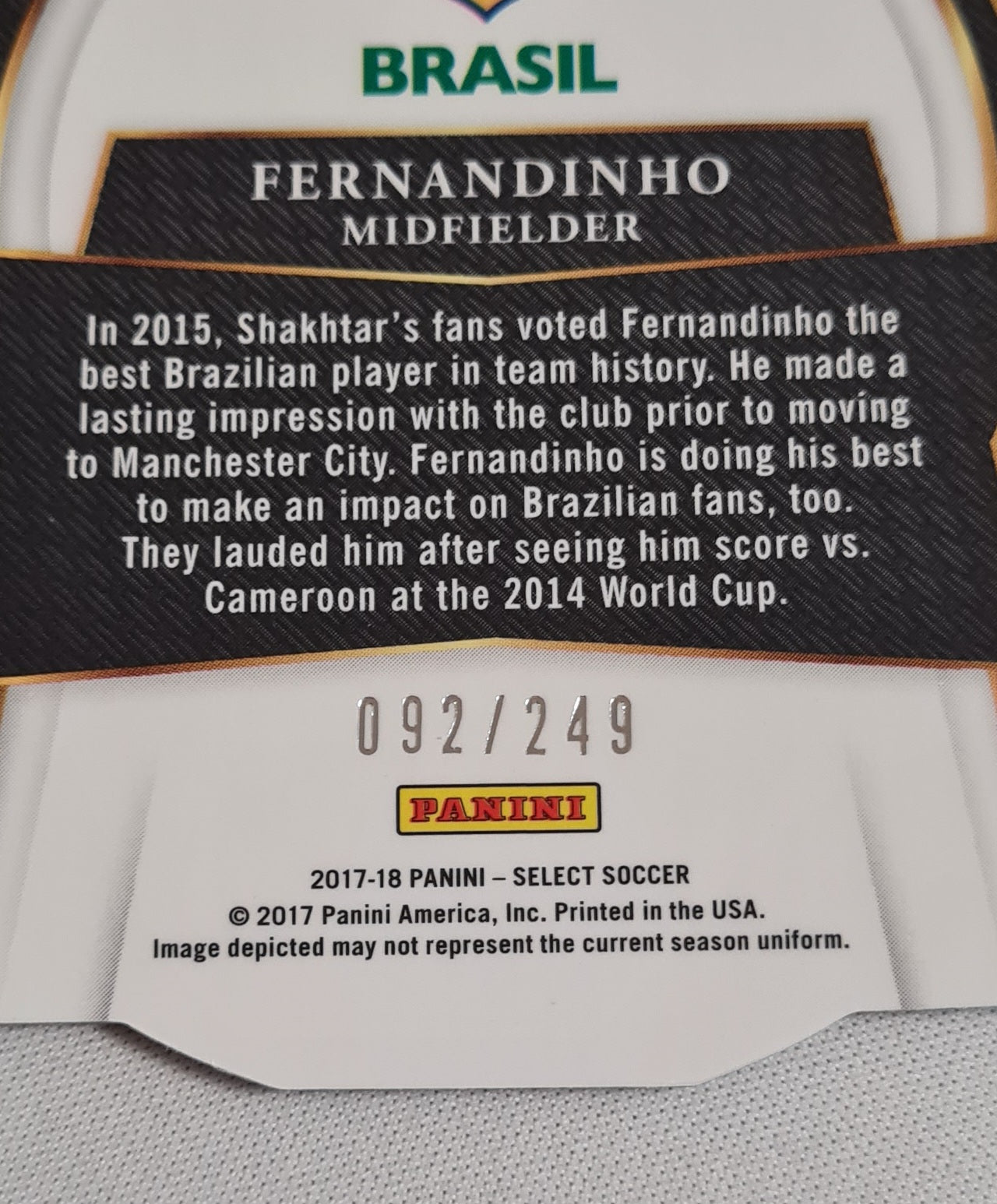 Fernandinho - 2017/18 Panini Select Soccer National Team Brasil #114 Die Cut Blue Refractor /249