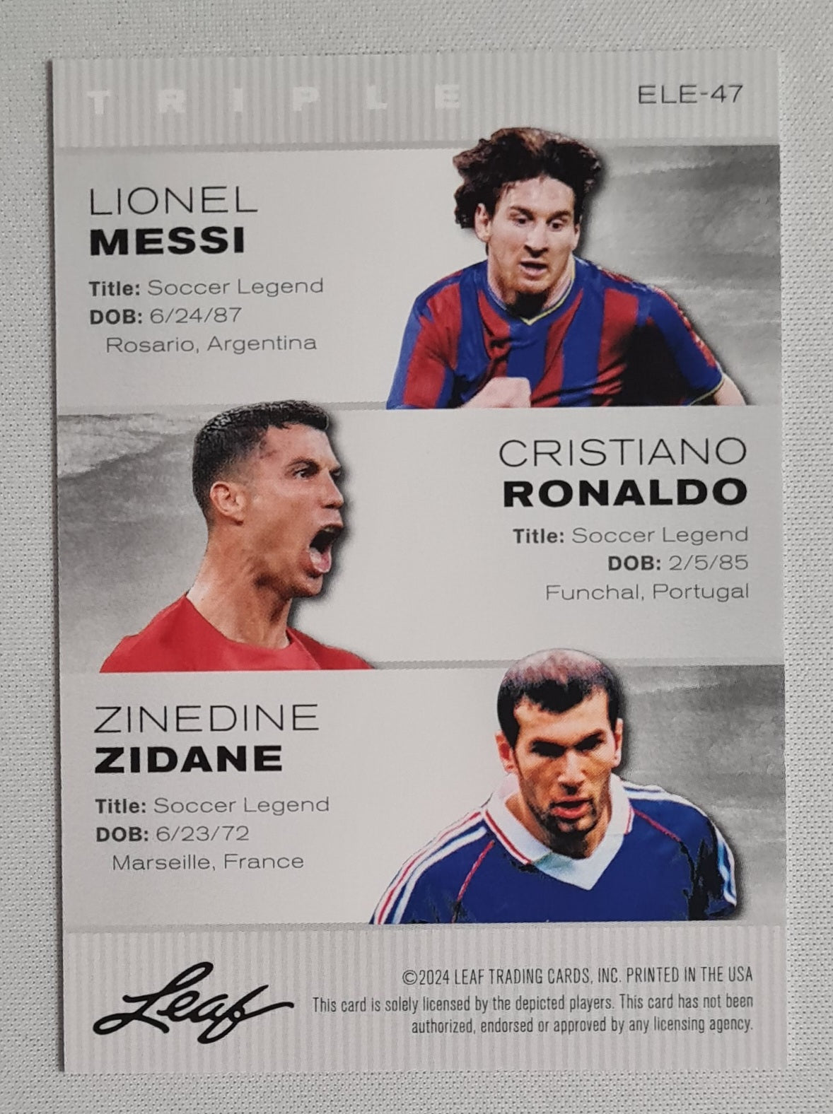 Lionel Messi/ Cristiano Ronaldo/ Zinedine Zidane - 2024 Leaf Exclusive Legends Edition Triple #ELE-47