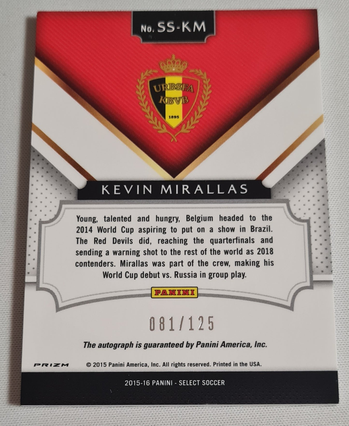 Kevin Mirallas - 2015/16 Panini Select Soccer Belgium #SS-KM /125 / Autograph