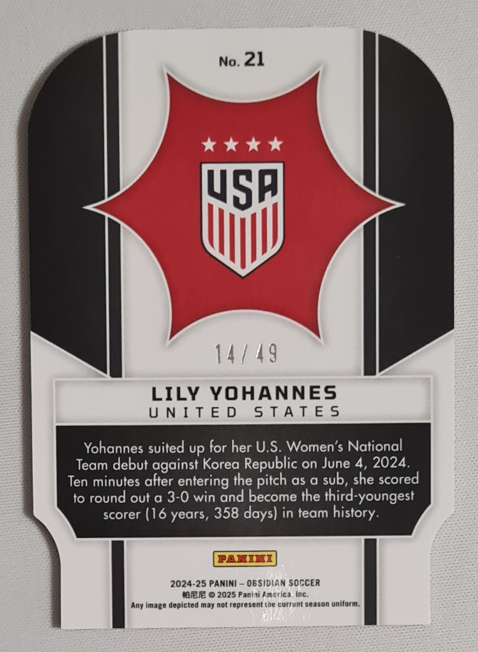 Lily Yohannes - 2024/25 Panini Obsidian Soccer SUPERNOVA Team USA #21 Die Cut /49 / Autograph