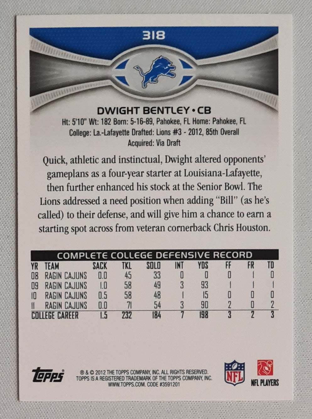 Dwight Bentley - 2012 Topps NFL Detroit Lions (RC) #318