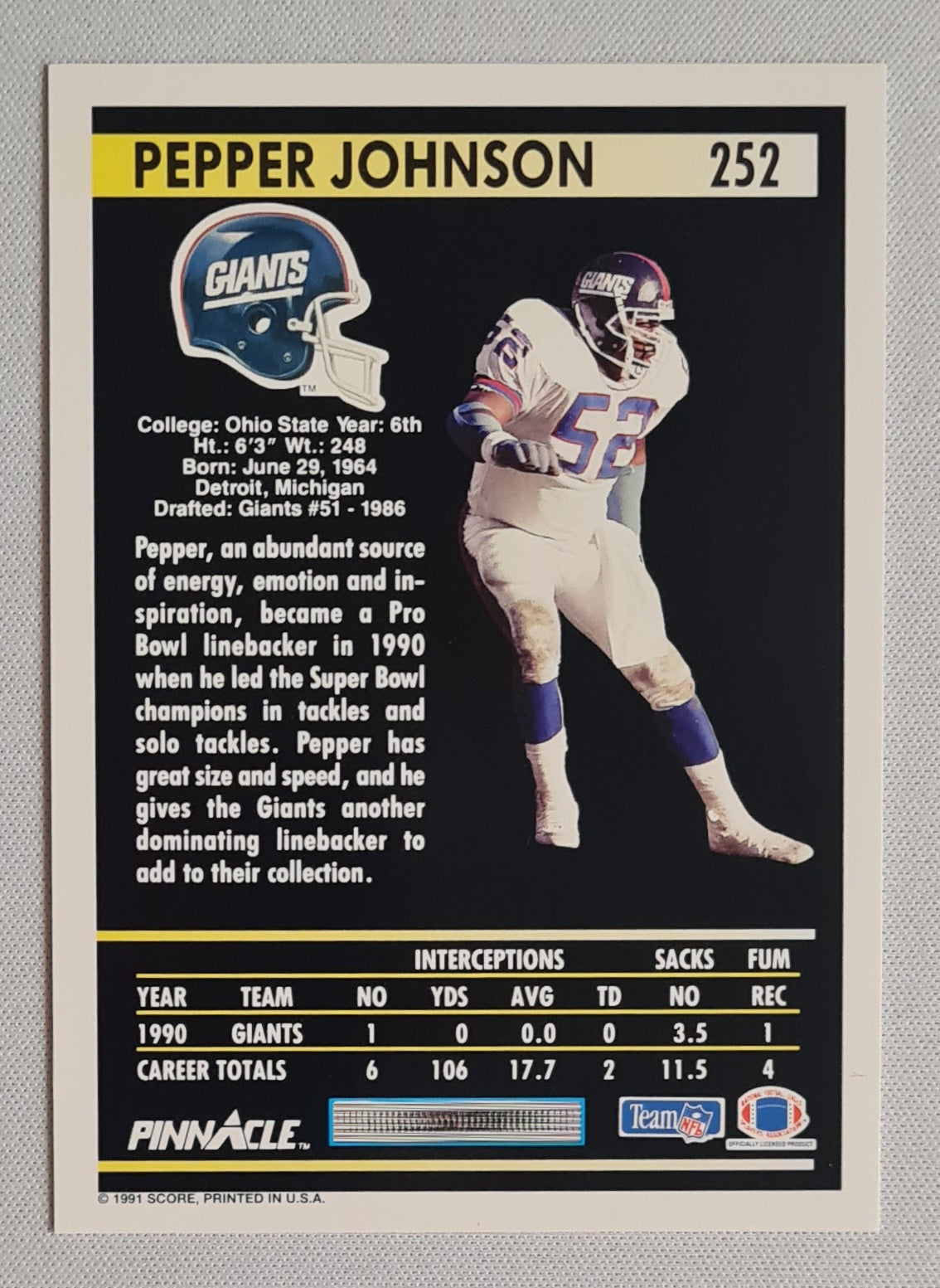 Pepper Jonhson - 1991 Score Pinnacle NFL New York Giants #252