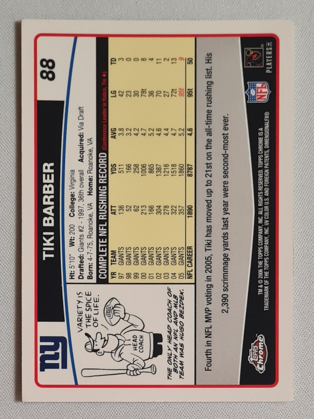 Tiki Barber - 2006 Topps Chrome Football NFL NY Giants #88