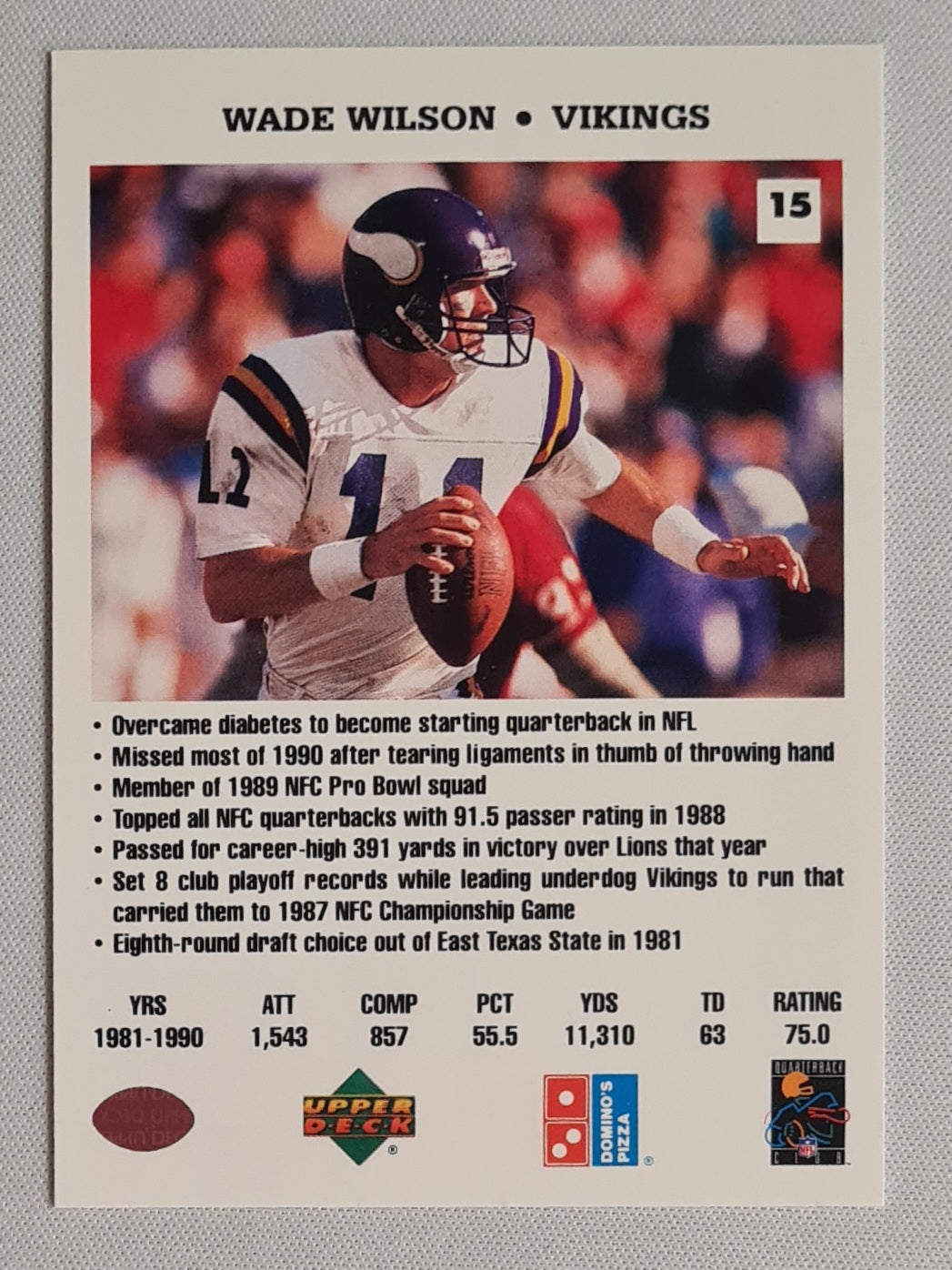 Wade Wilson - 1991 Upper deck Football NFL Vikings - Quarterback Challenge (Domino's Pizza) #15