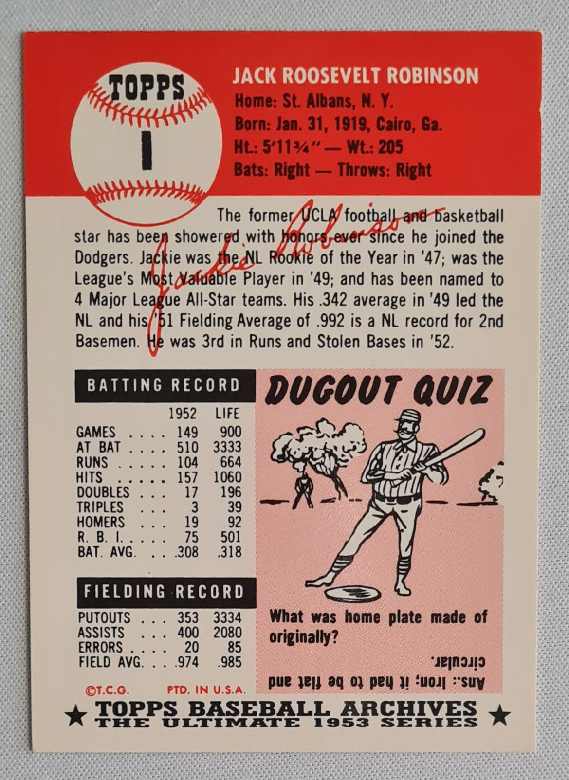 Jackie Robinson - 1953 Topps Baseball Archives The Ulimate Series MLB Brooklyn Dodgers #1