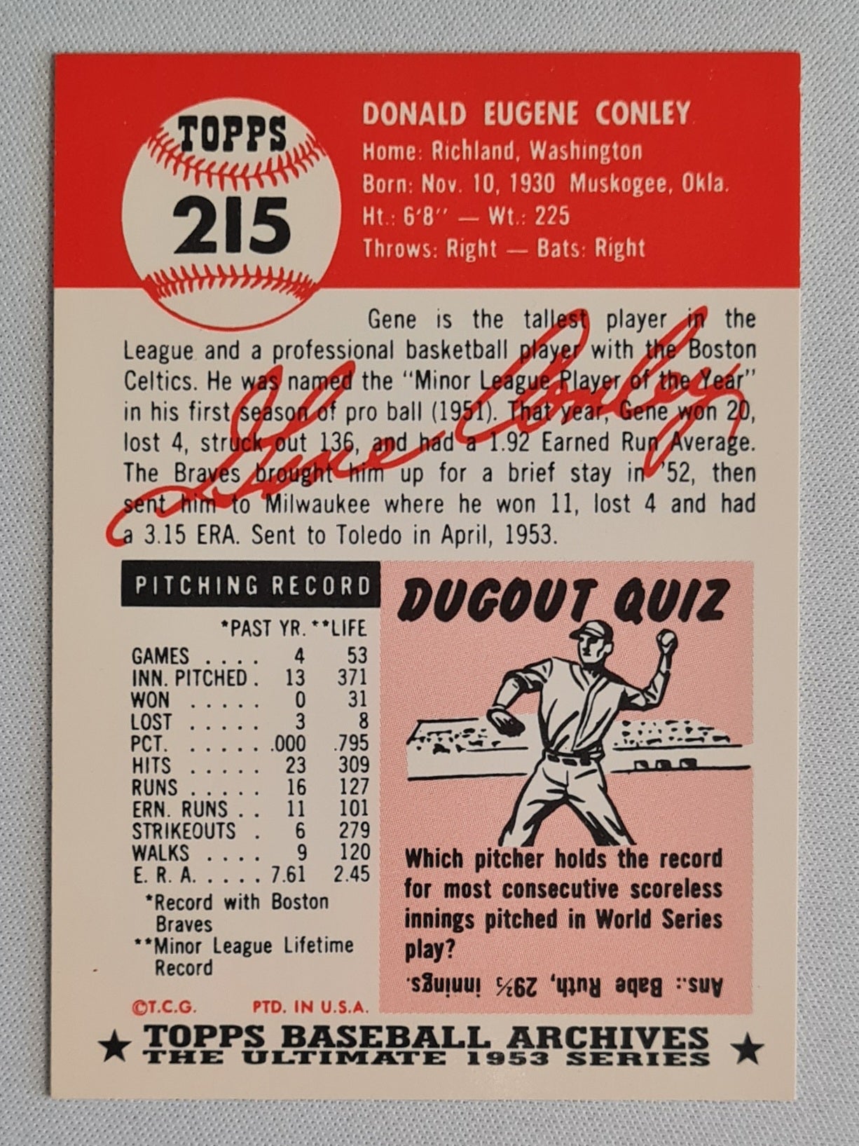 Gene Conley - 1953 Topps Baseball Archives The Ulimate Series MLB Milwaukee Braves #215