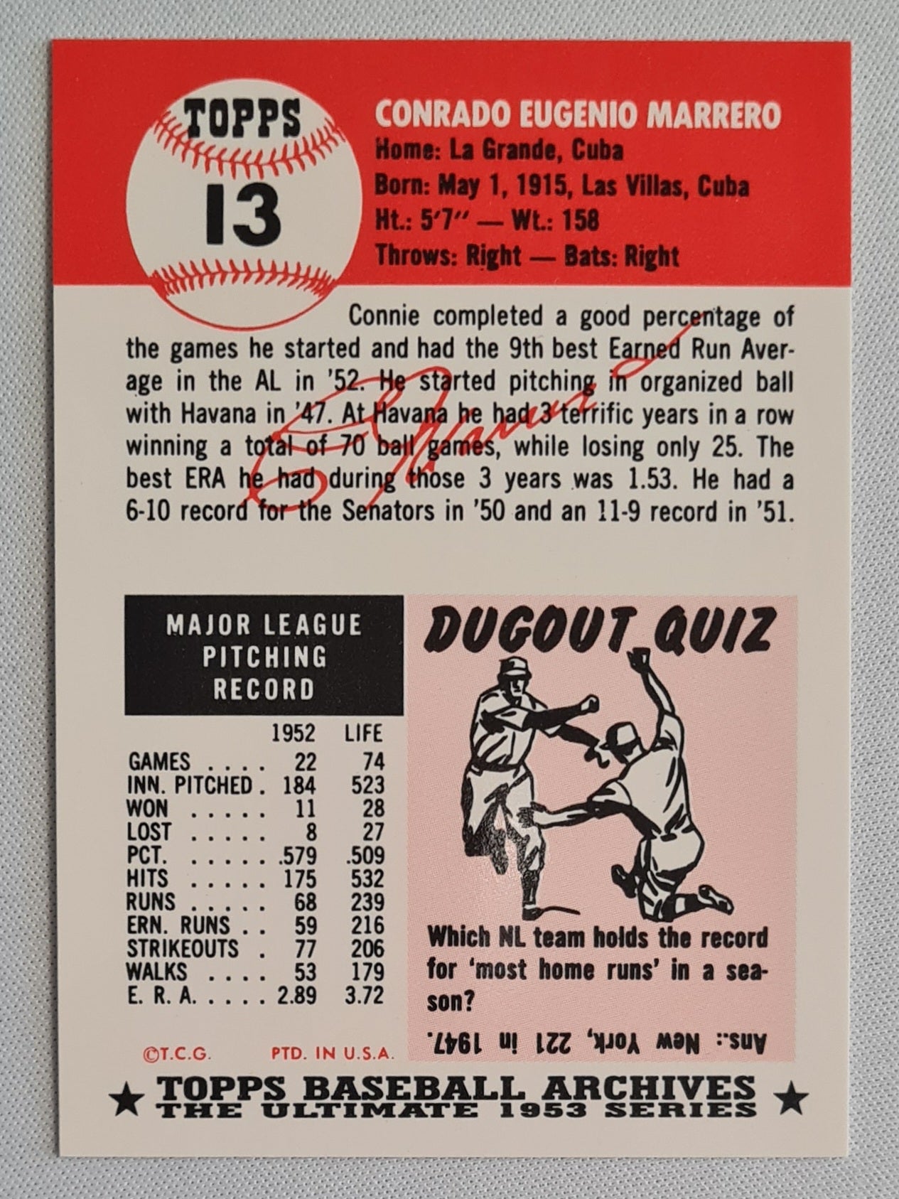 Connie Marrero - 1953 Topps Baseball Archives The Ulimate Series MLB Washington Senators #13