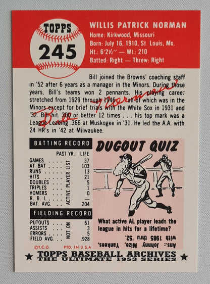 Bill Norman - 1953 Topps Baseball Archives The Ulimate Series MLB St. Louis Browns #245