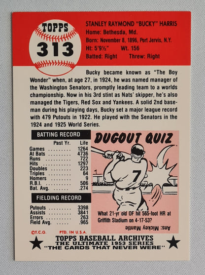 Bucky Harris - 1953 Topps Baseball Archives The Ulimate Series MLB Washington Senators Manager #313