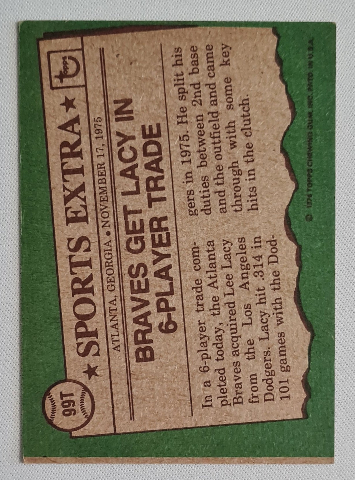 Lee Lacy - 1974 Topps "Chewing Gum Inc" MLB Braves - Sports Extra - #99T