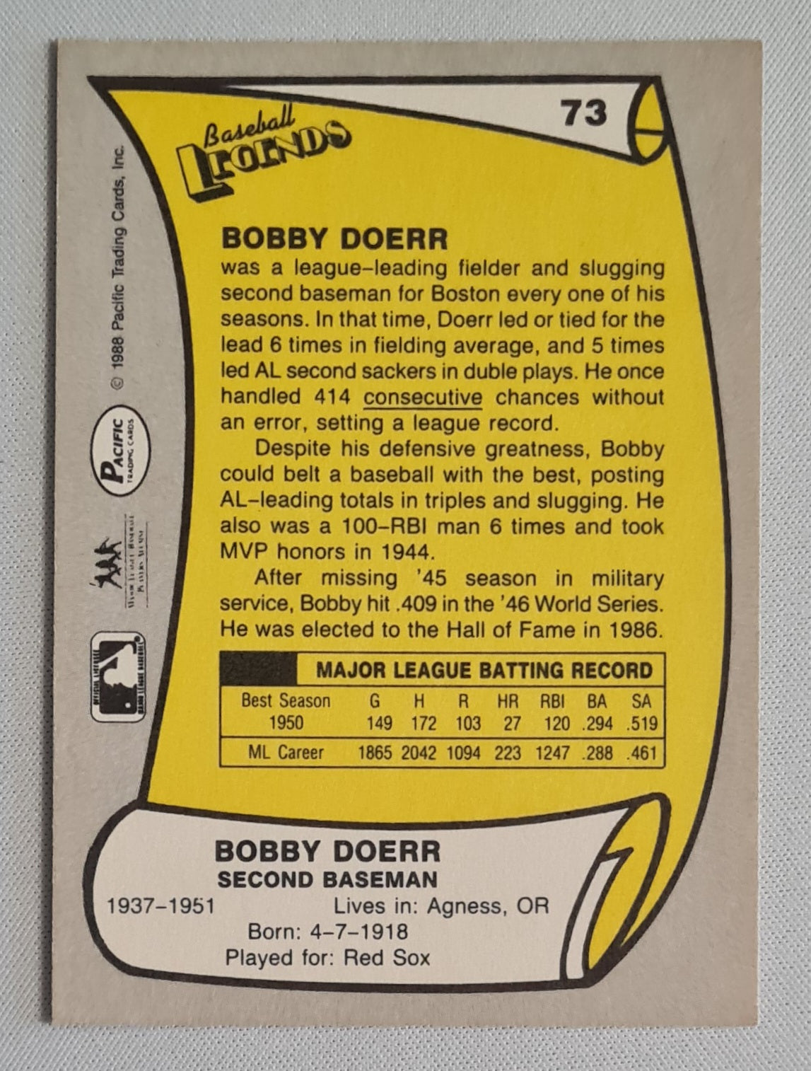 Bobby Doerr - 1988 Pacific Trading Cards MLB Boston - Baseball Legends - #73