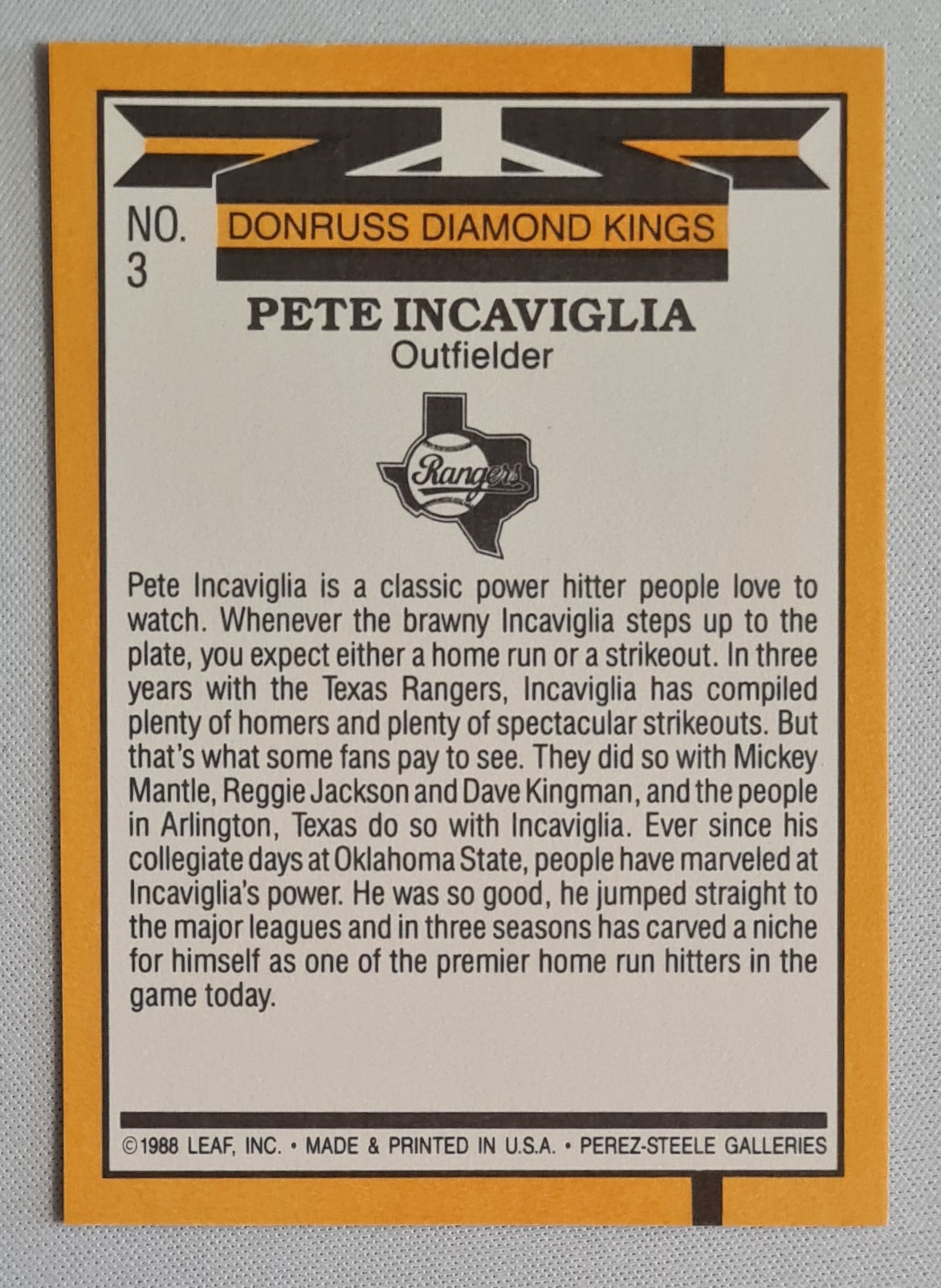 Pete Incaviglia - 1988 Leaf Donruss Diamond Kings MLB Texas Rangers #03