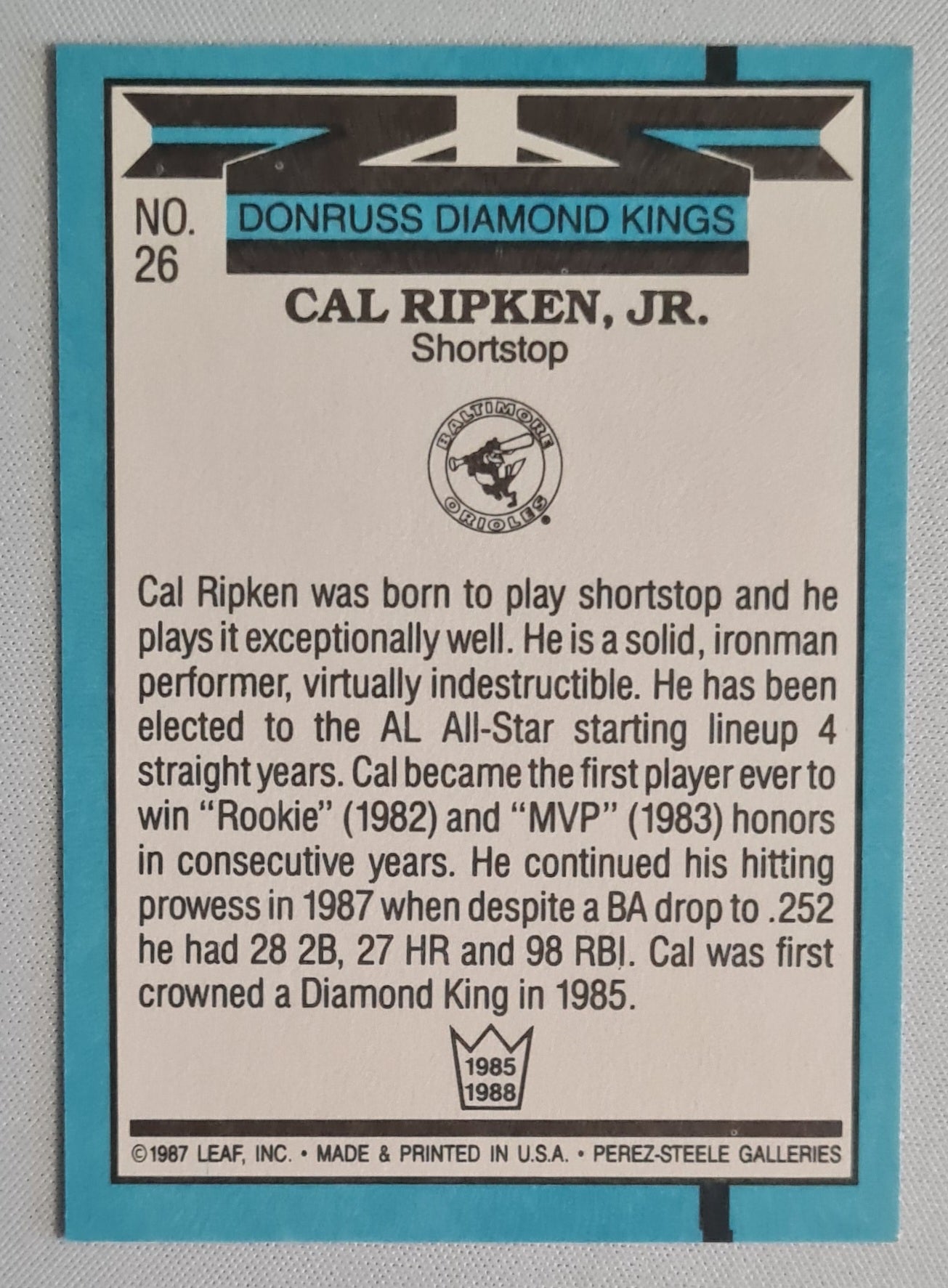 Cal Ripken Jr. - 1987 Leaf Donruss Diamond Kings MLB Baltimore Orioles #26