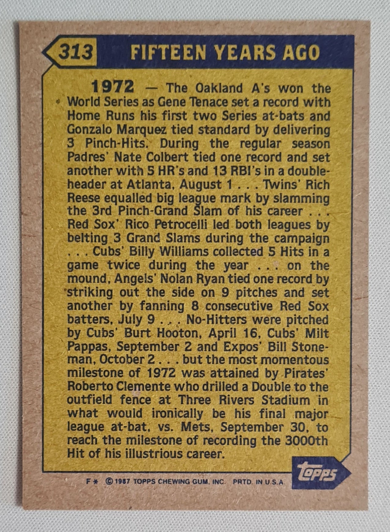 Roberto Clemente - 1987 Topps "Chewing Gun" Inc. Turn back the Clock #313