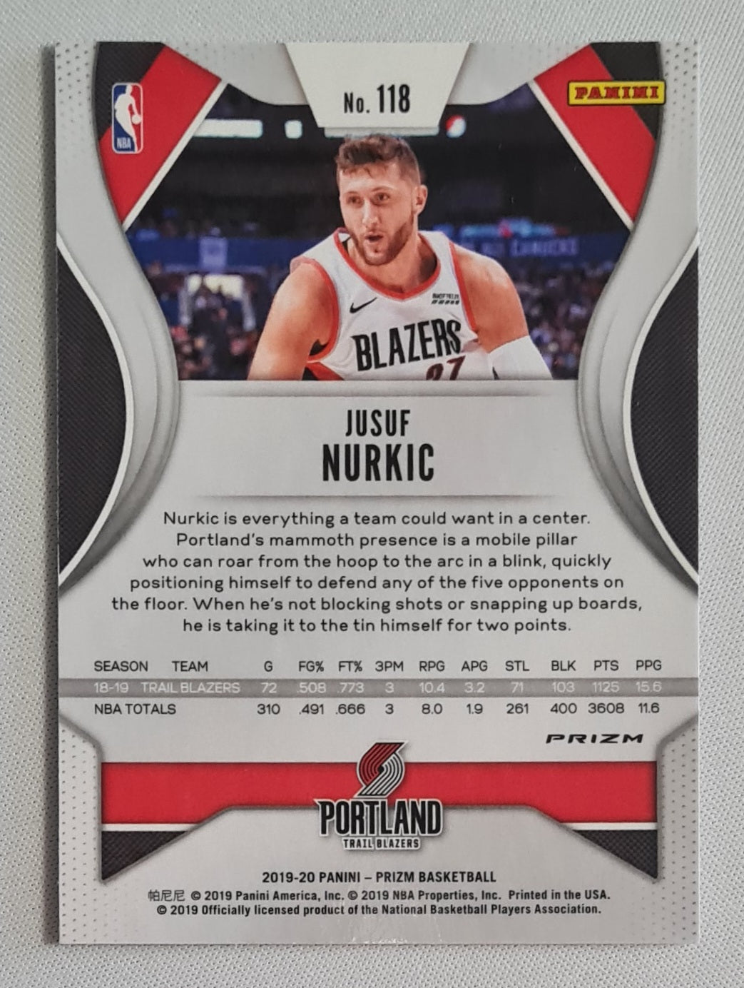 Jusuf Nurkic - 2019/20 Panini Prizm Basketball NBA Portland Trail Blazers #118