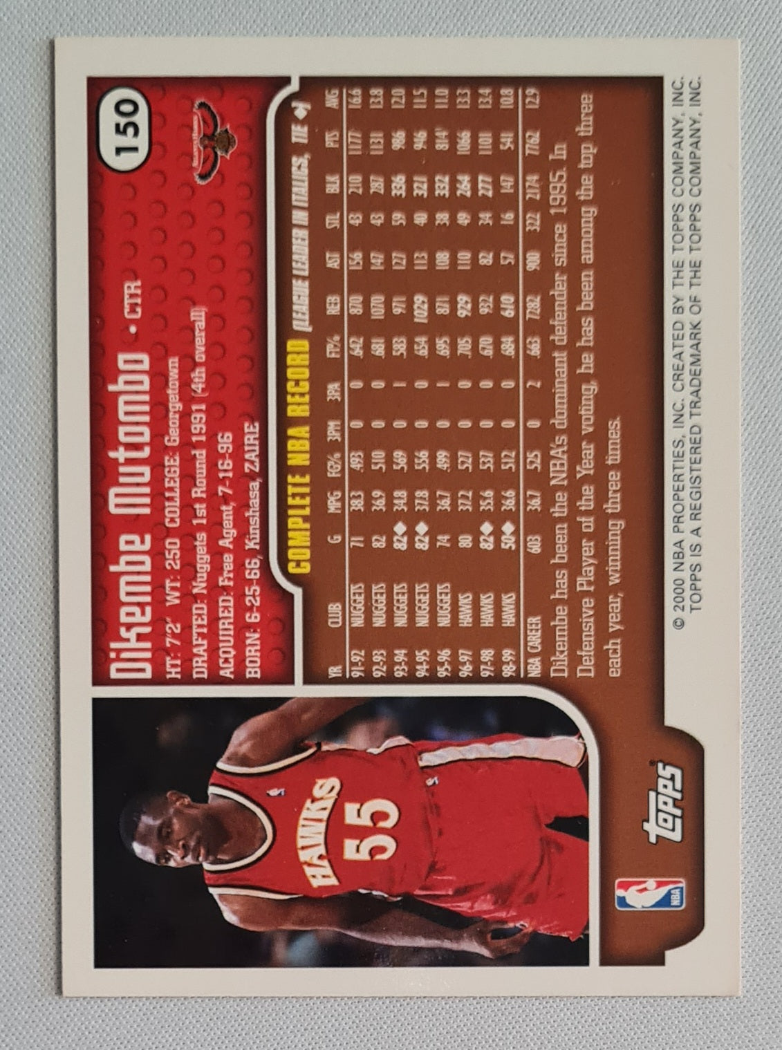 Dikembe Mutombo - 2000 Topps NBA Basketball Atlanta Hawks #150