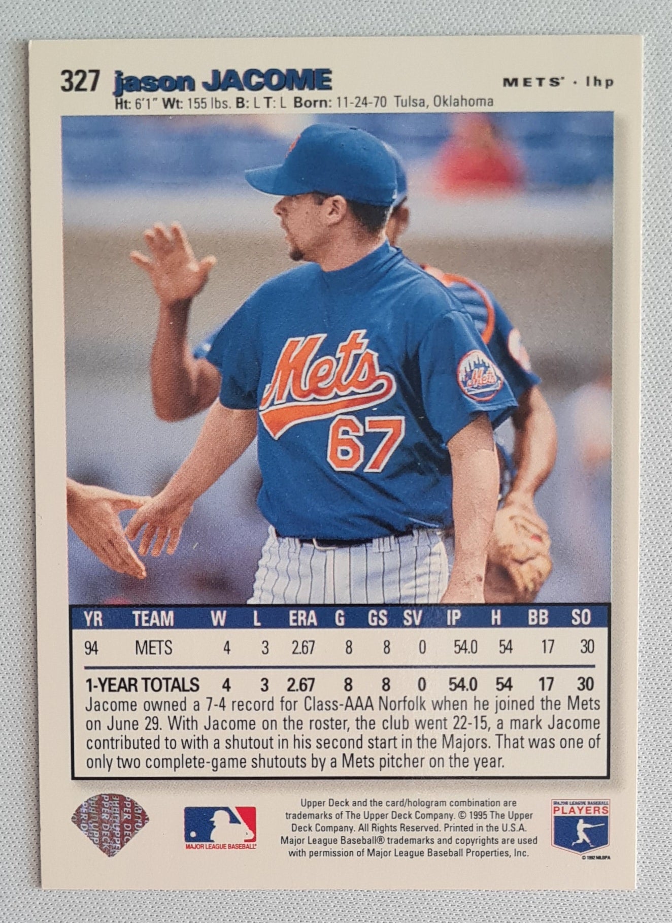 Jason Jacome - 1995 Upper Deck MLB Baseball NY Mets #327