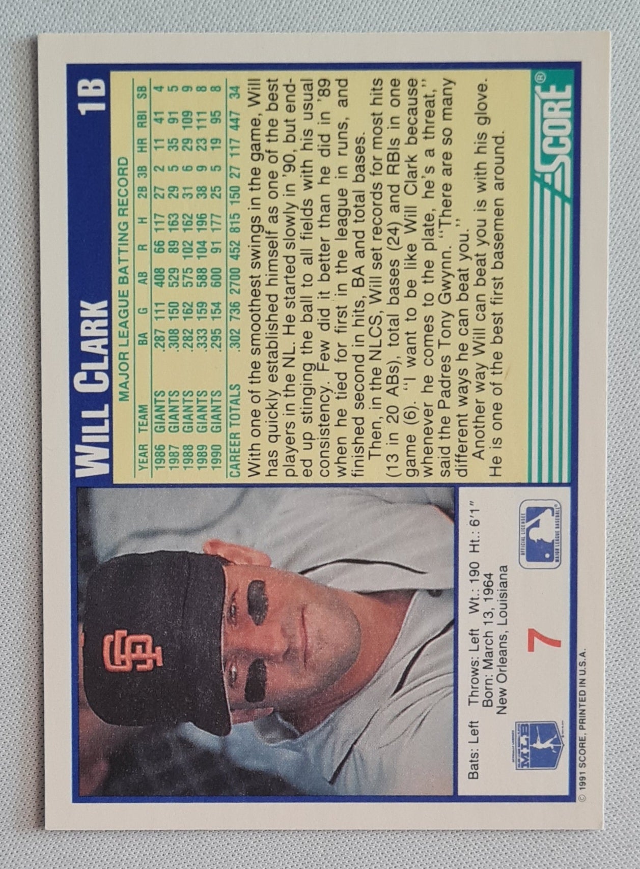 Will Clark - 1991 Score MLB Baseball SF Giants #7
