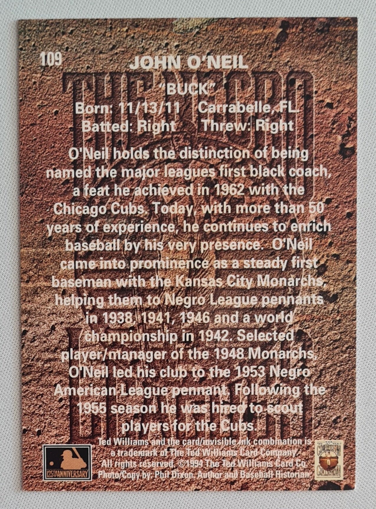 John "Buck" O'Neil - 1994 Ted Williams and the Card /Invisible Ink MLB Baseball #109