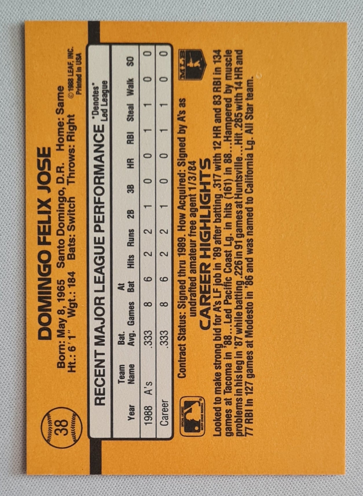 Felix Jose - 1988 Leaf Donruss MLB Baseball Rated Rookie #38
