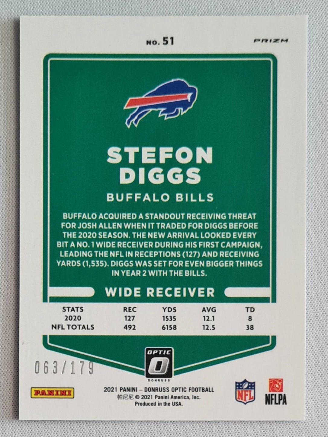 Stefon Diggs - 2021 Panini Donruss Optic Football NFL Buffalo Bills #51 Blue Refractor /179