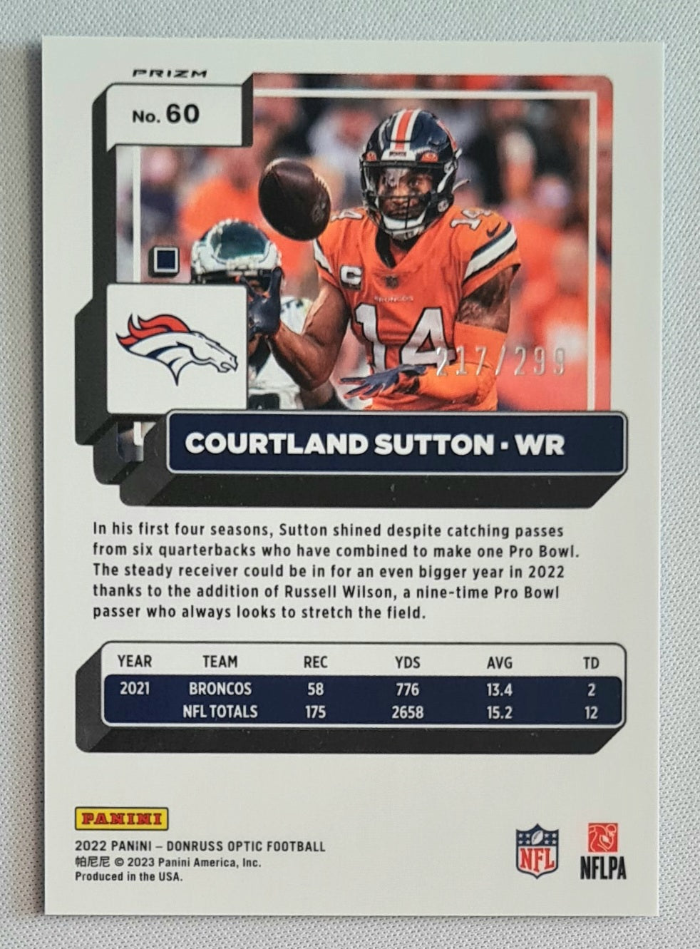 Courtland Sutton - 2022 Panini Donruss Optic Football NFL Denver Broncos #60 Blue Aqua Prizm Refractor