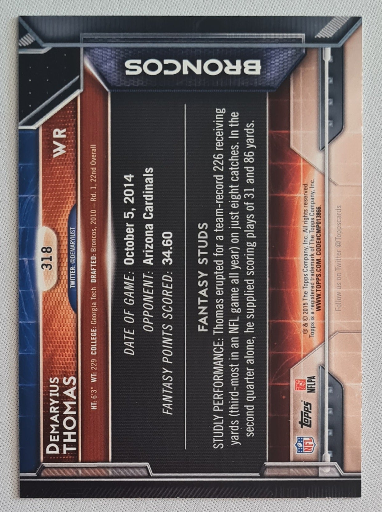 Demaryius Thomas - 2015 Topps Fantasy Studs NFL Denver Broncos #318