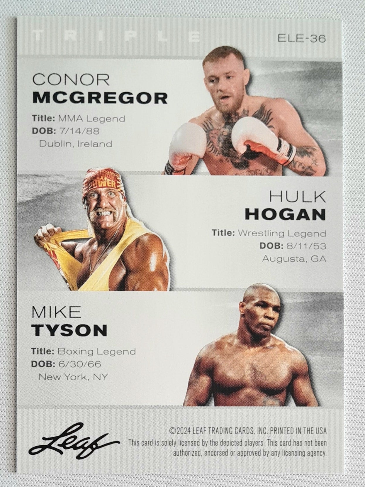 Conor McGregor/ Hulk Hogan/ Mike Tyson - 2024 Leaf Trading Cards Exclusive Legends Edition Triple #ELE-36