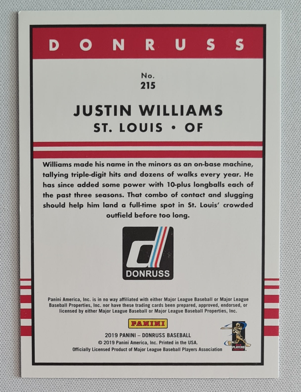 Justin Williams - 2019 Panini Donruss MLB Baseball St. Louis (RC) #215