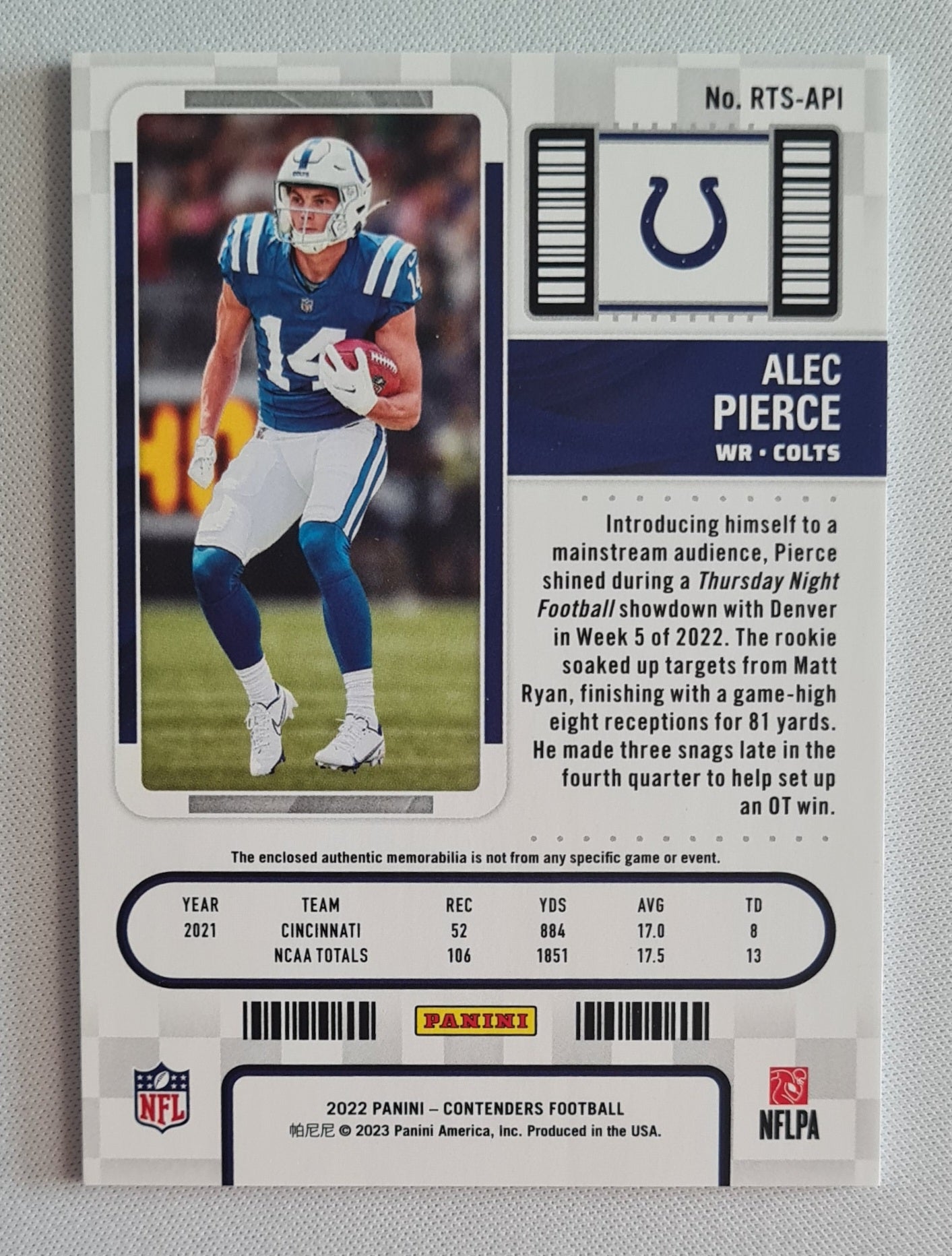 Alec Pierce - 2022 Panini Contenders Football NFL Colts ROOKIE TICKET (RC) #RTS-API /Patch