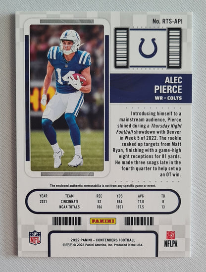 Alec Pierce - 2022 Panini Contenders Football NFL Colts ROOKIE TICKET (RC) #RTS-API /Patch