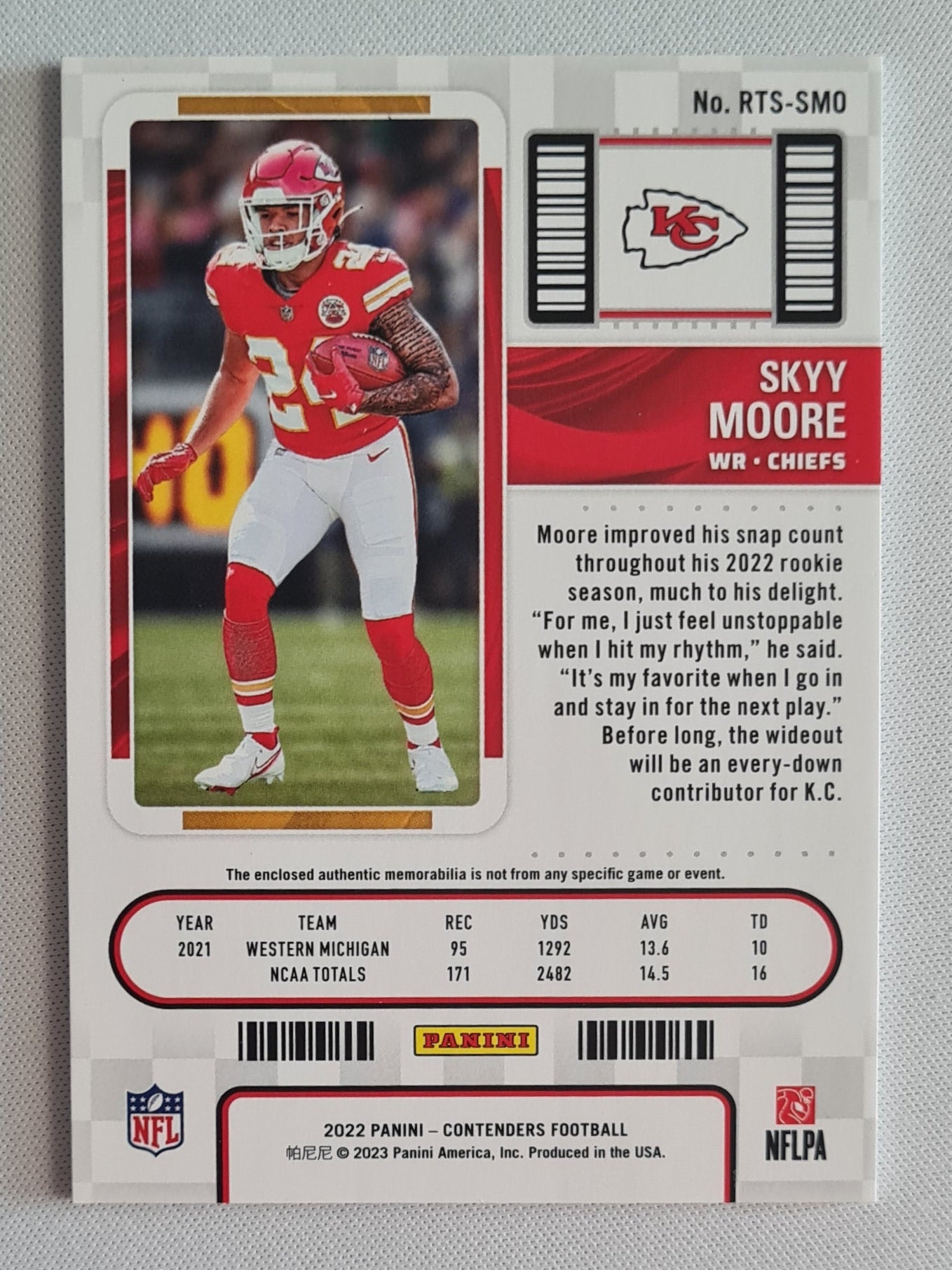 Skyy Moore - 2022 Panini Contenders Football NFL Chiefs ROOKIE TICKET (RC) #RTS-SMO /Patch