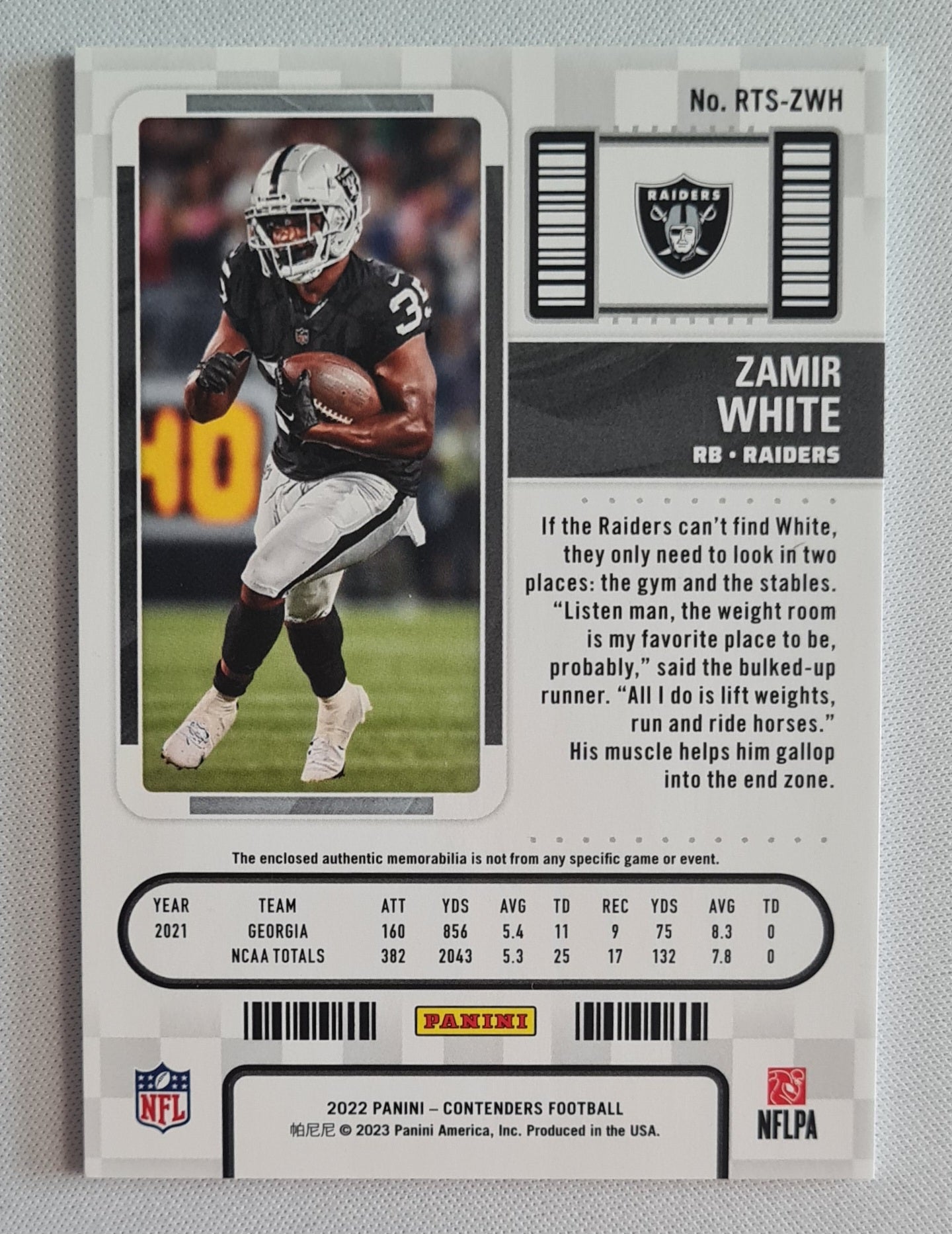 Zamir White - 2022 Panini Contenders Football NFL Raiders ROOKIE TICKET (RC) #RTS-JTO /Patch