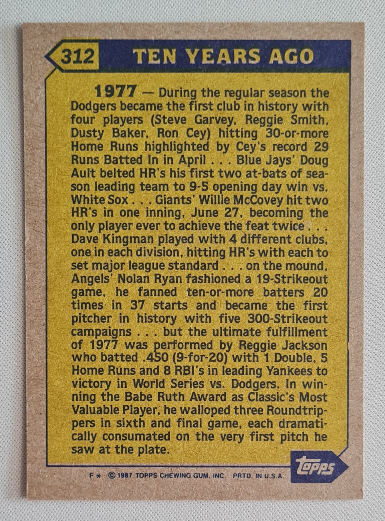 Reggie Jackson - 1987 Topps (Chewing Gum) Turn Back the Clock MLB Yankees #312